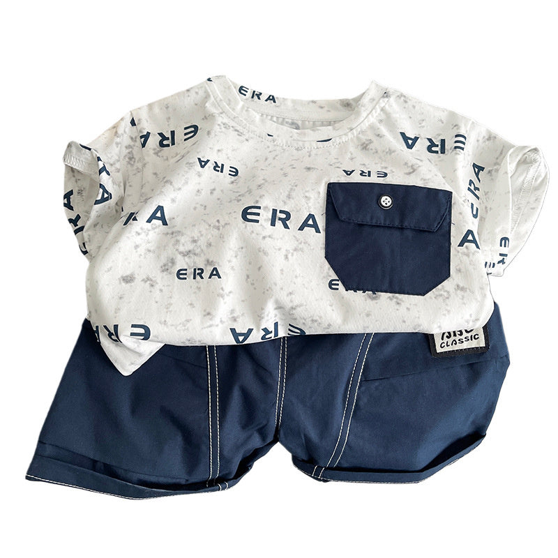 Boys' Summer Short-Sleeve Outfit 2026 New Fashionable Two-Piece Set for Children, Baby Clothes with Full Letter Print, Trendy