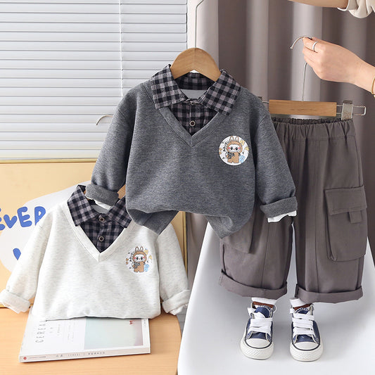 Outfit 2026 New Children's Sweatshirt Boys' Spring and Autumn Sporty Stylish Plaid Fake Three-Piece Set Trendy