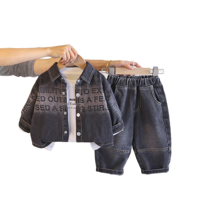 Boys' Outfit 2026 New Korean Style Gradient Denim Jacket Three-Piece Set Children, Trendy Spring and Autumn Clothes for Babies