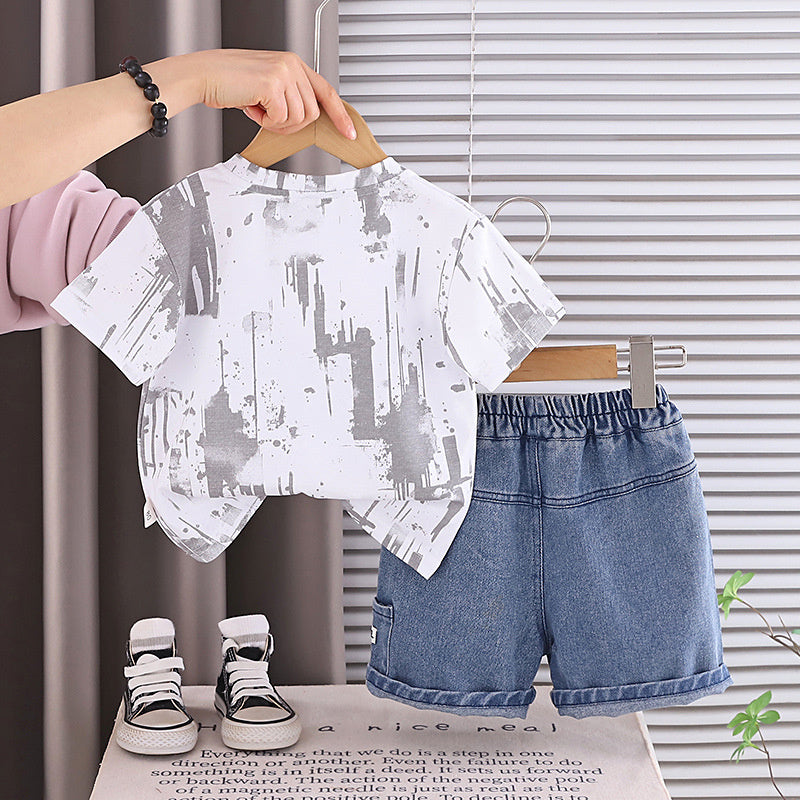 Boys' Summer Denim Flap Short Sleeve Set 2026 New Fashionable Casual Two-Piece Outfit for Toddlers
