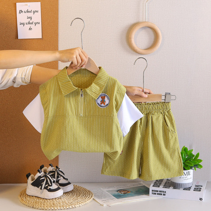 Boys' stylish children's clothes for boys, toddler clothing, baby summer outfit, 3-year-old vertical stripe half-zip short-sleeve set, trendy