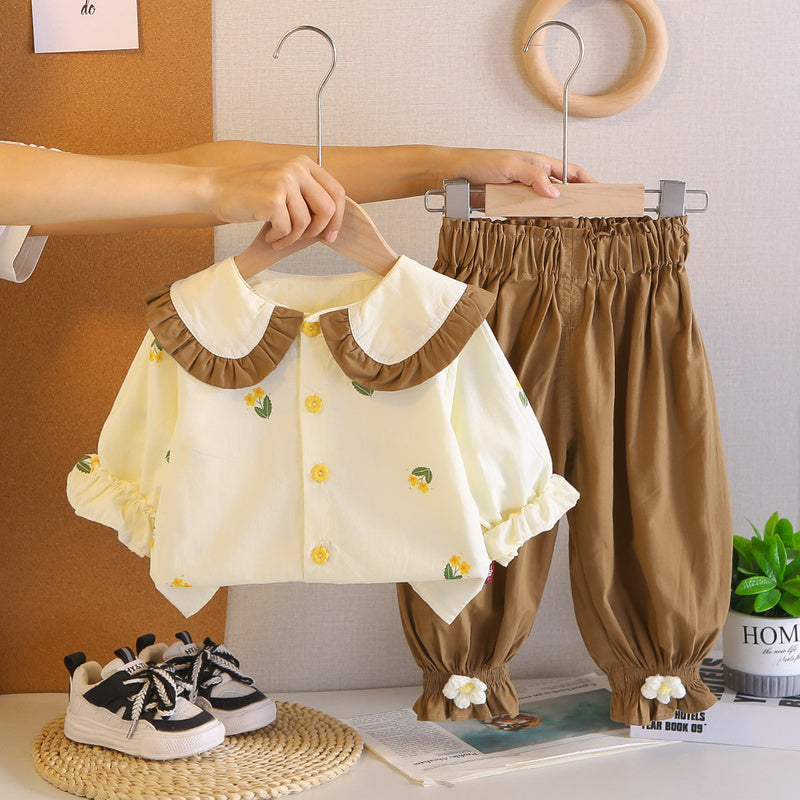 Baby set, children's clothing, toddler girl spring and long-sleeve outfit with small yellow flowers, stylish autumn wear for girls