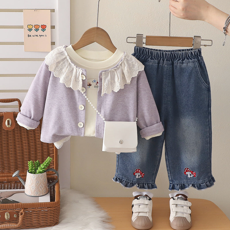 2026 Spring New Korean Style Outfit Girls, Autumn Fashion Three-Piece Set with Ruffle Collar and Mushroom Design for Toddlers