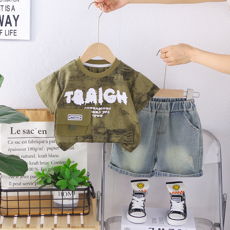 Boys' Outfit 2026 New Korean Style Cargo Pocket Round Neck Short Sleeve Children's Summer Casual Two-Piece Set