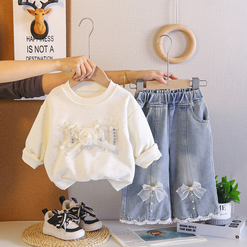 Outfit Set: Stylish Baby Girl Beaded Floral Sweatshirt Two-Piece Set for Infants Young Girls' Spring and Autumn Clothing