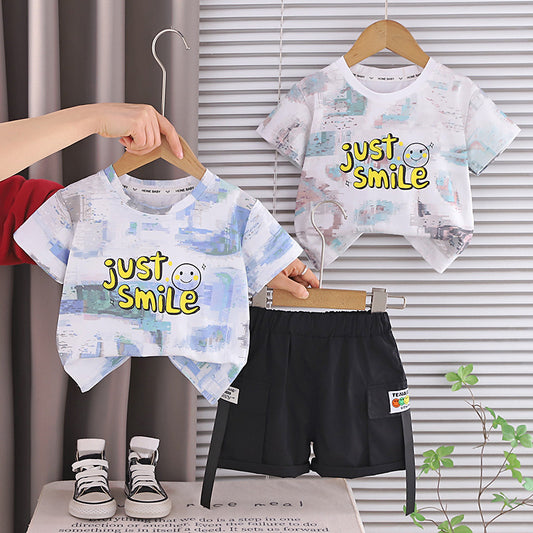 Boys' Outfit 2026: Stylish Baby Round Neck Short Sleeve Fashionable Summer Thin Smiley Face Graffiti Two-Piece Set Trendy
