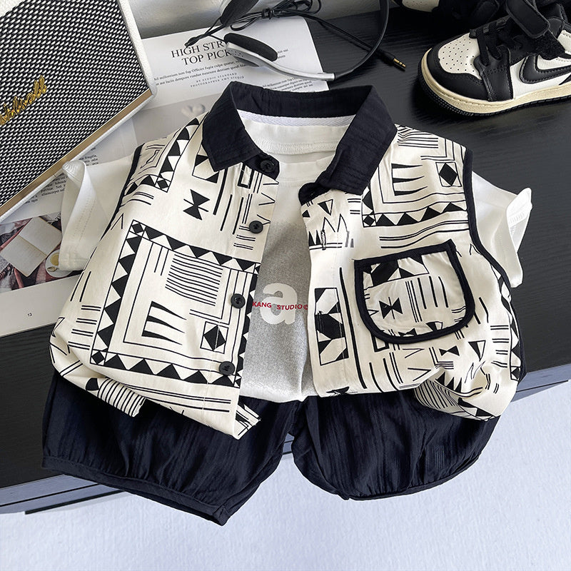 Boys' Outfit 2026 New Style Shirt Korean Version Baby Boy Summer Fashion Casual Children's Short Sleeve Three-Piece Set