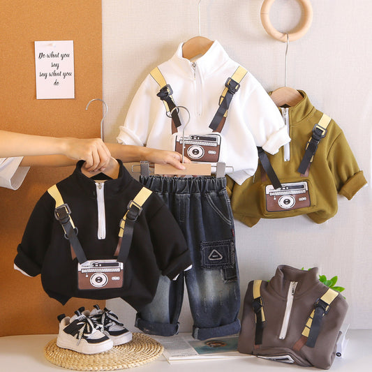 2026 New Spring Autumn Outfit Baby Boys, Cartoon Camera Sweatshirt Set, Stylish Long-Sleeve Two-Piece Set for Infants and Children