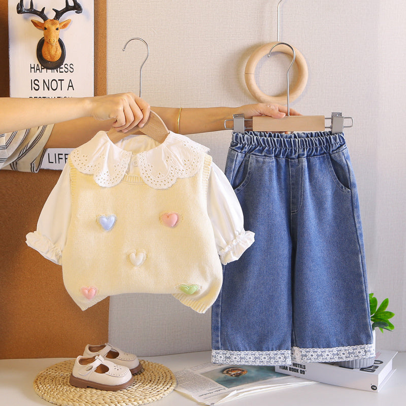Girls' Outfit Spring and Autumn 2026 New Fashionable Colorful Heart Sweater 3-Piece Set for 1-5 Year Olds