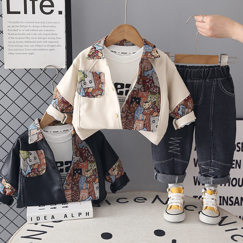 Boys' Autumn Outfit 2026 New Korean Style Round Pocket Leather Jacket Three-Piece Set for Toddlers, Stylish Children's Clothing