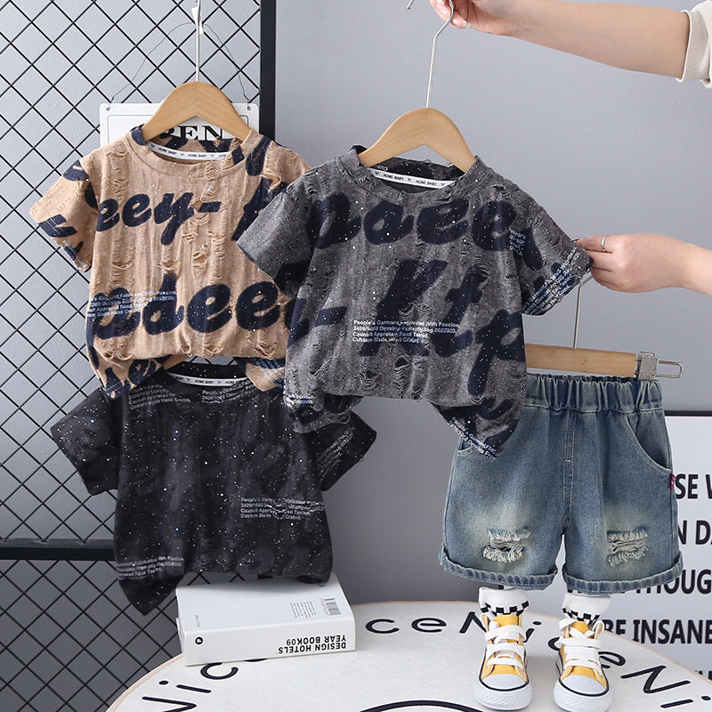 Boys Summer Suit Handsome 2025 New Korean Version Children's Stylish English Short Sleeve Baby Thin Two-Piece Set Trendy