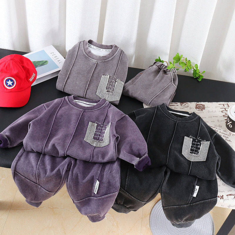 Boys' Spring and Autumn Outfit New Fashionable Baby Children's Clothing Casual Long-Sleeve Solid Color Sweatshirt Two-Piece Set