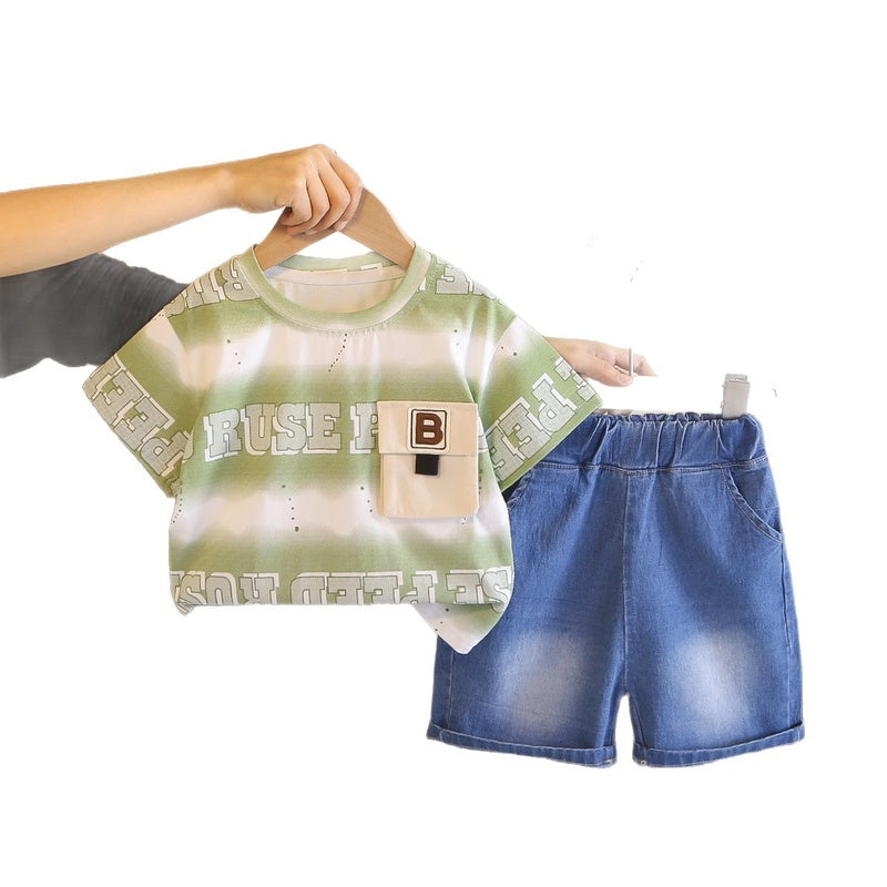 Summer Outfit with Letter Print Round Neck Set 2026 New Fashionable Boys' Clothes for 1-3 Year Olds, Children's Short Sleeve Trendy Wear