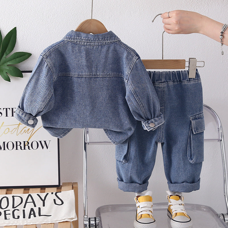 Boys' Outfit 2026 New Fashionable Children's Spring-Autumn Two-Piece Denim Set with 3D Pockets for Toddlers in Trendy Autumn Style