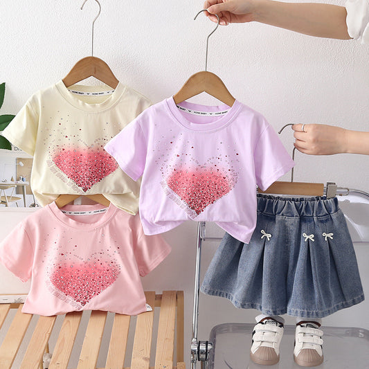 Baby Short Sleeve 2026 New Style Girls' Heart-Shaped Rhinestone Summer Outfit Shorts Infant Two-Piece Set Wholesale