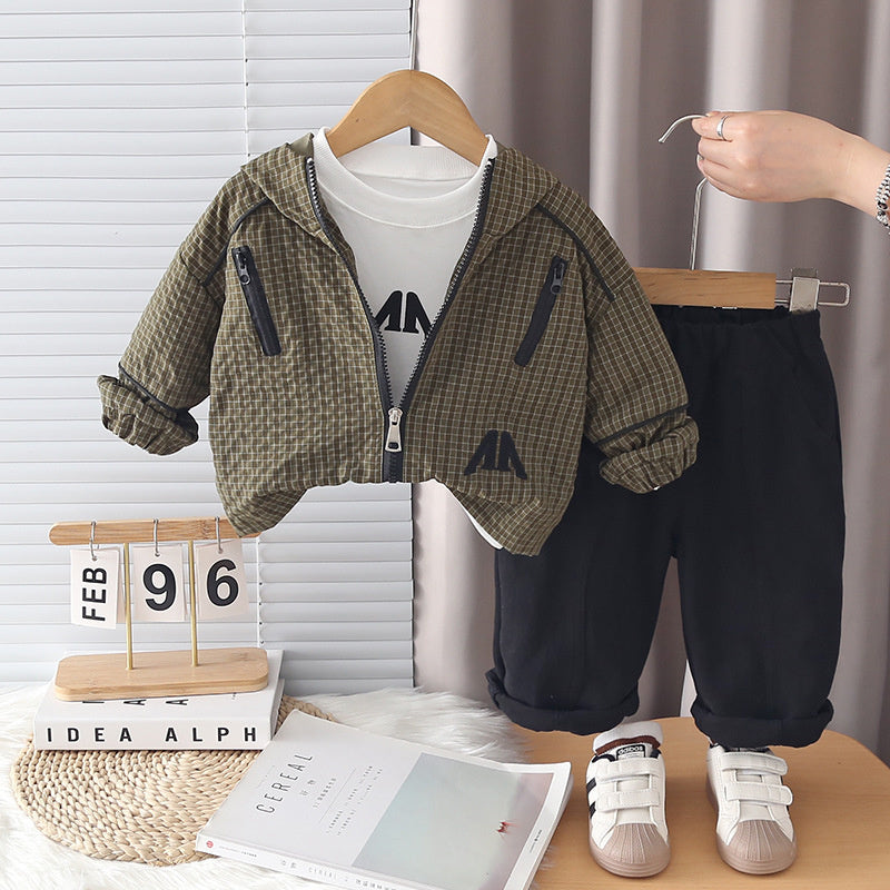 Boys' Spring and Outfit 2026 New Fashionable Children's Hooded Plaid Three-Piece Set Baby Autumn Casual Jacket