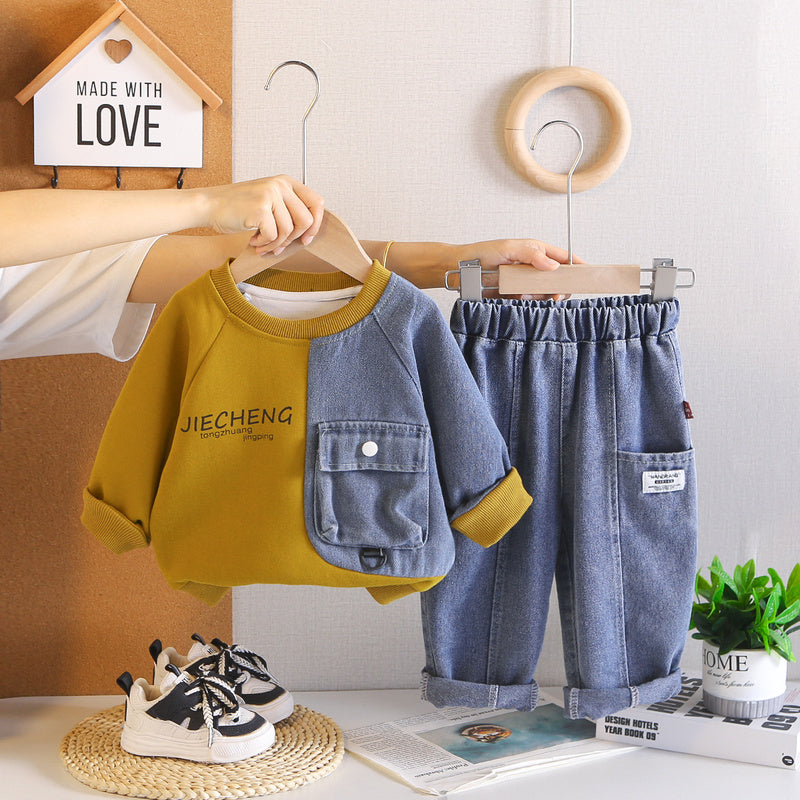 Boys' new two-piece set, stylish sweatshirt outfit, children's clothing for little boys, baby spring and autumn wear
