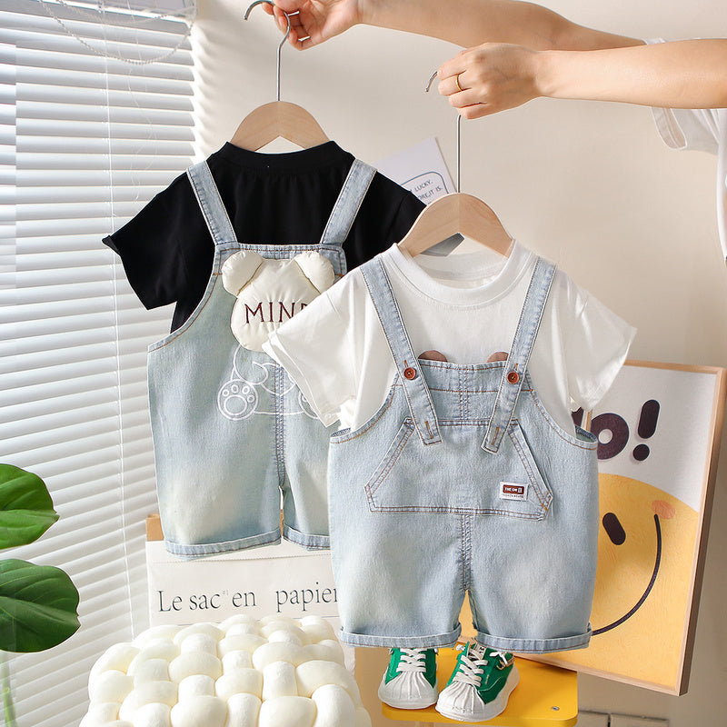 Boys' Outfit 2026 New Trendy Children's Bear Denim Overalls Short Sleeve Baby Korean Style Summer Clothes