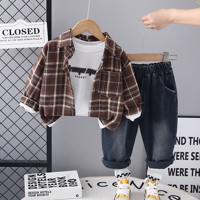 Boys' Spring Outfit 2025 New Stylish Plaid Shirt Little Boy Handsome Fashion Casual Long Pants Three-Piece Set