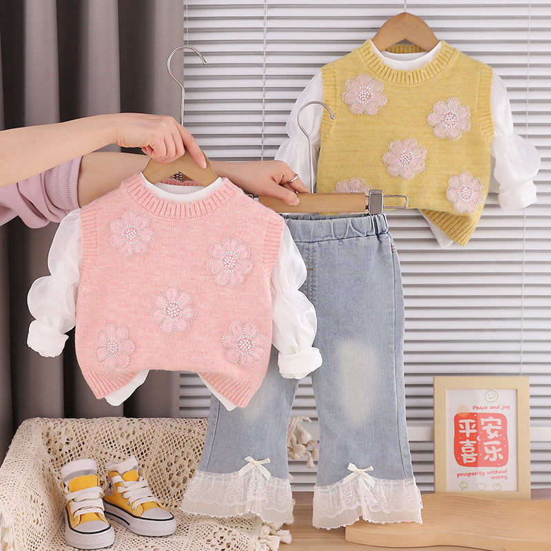 Girls' and Autumn Outfit 2026 New Style Baby Girl Fashionable Sweet Floral Children's Spring Sweater Three-Piece Set Trendy