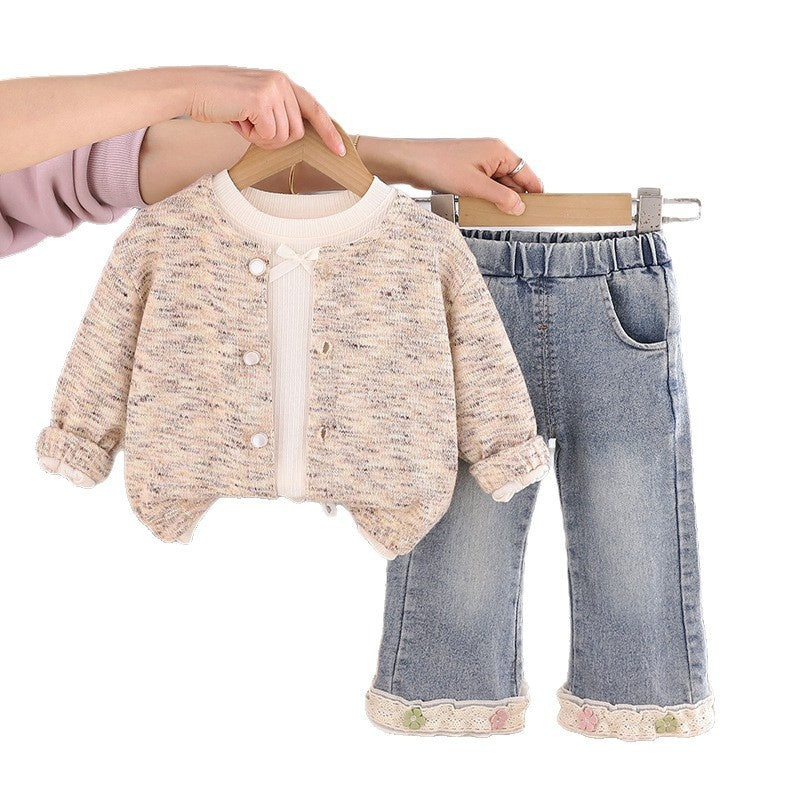 Girls' Stylish Outfit 2026 New Baby Spring and Autumn Colorful Yarn Sweater Long Sleeve Three-Piece Set Children's Casual Trendy Clothing