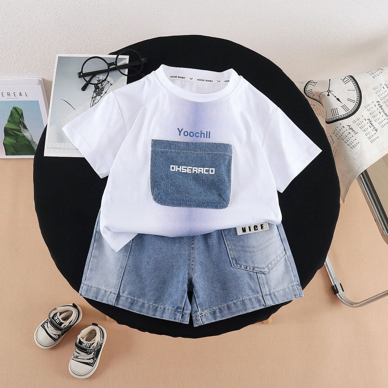 Boys' Outfit 2026 New Model Infant Children's Letter Patch Short Sleeve Two-Piece Set Baby Summer Casual Clothes
