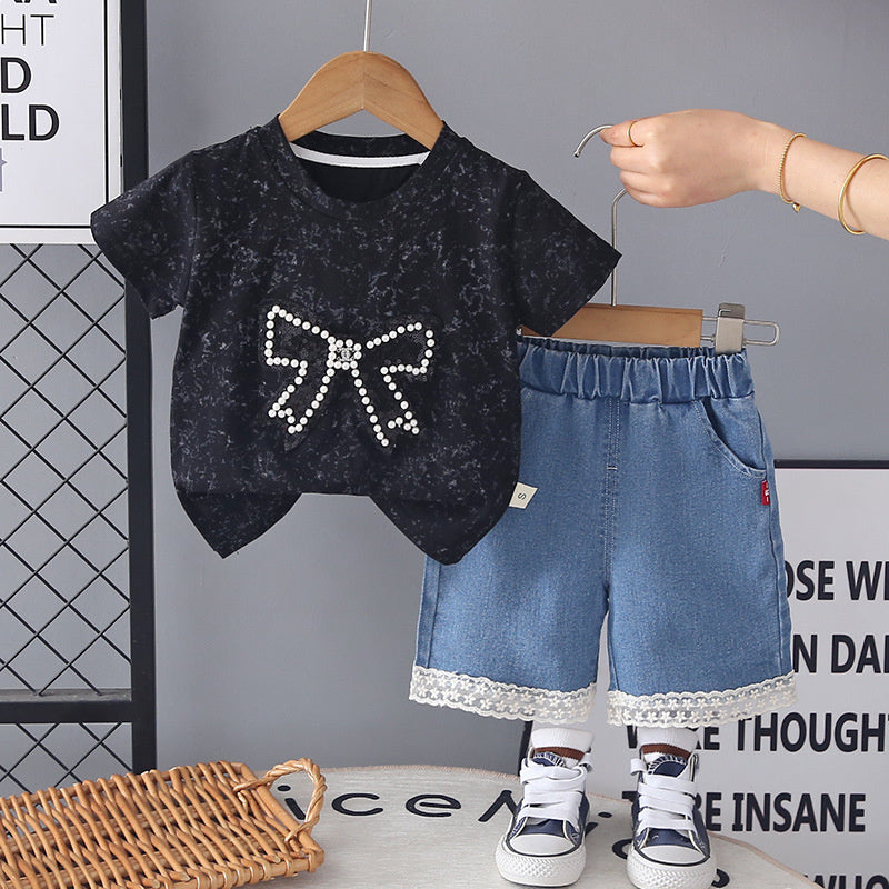 Girls' short-sleeve outfit with large bow, thin style, stylish children's clothing, 2-piece baby summer outfit, trendy