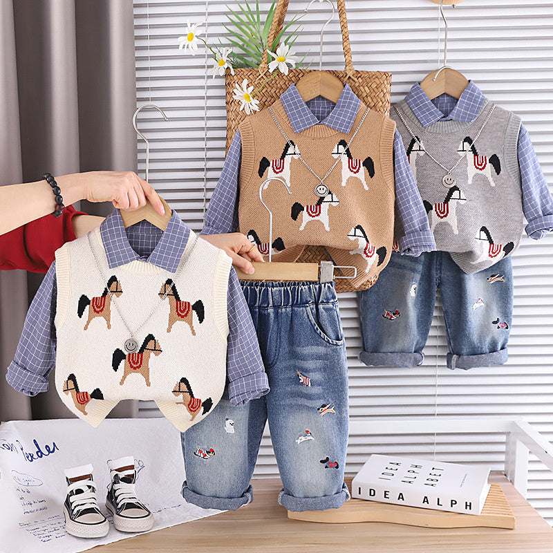 Baby Boy Outfit Set 2026 New Cartoon Pony Three-Piece Suit for Boys, Stylish Spring and Autumn Children's Clothing