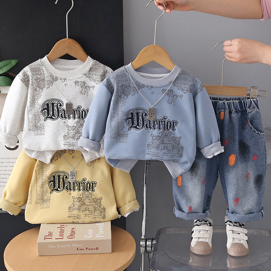 Boys' Autumn Outfit Stylish 2026 New Model, Infant and Toddler Spring/Autumn Printed Sweatshirt, Korean Style Two-Piece Set, Trendy