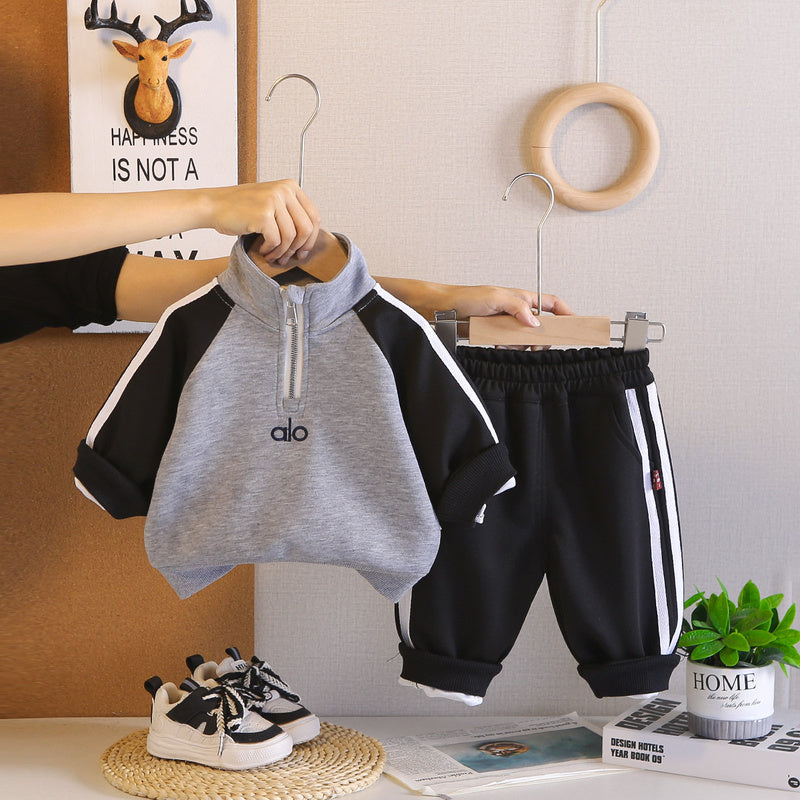 Boys' Autumn Outfit, New Spring Style for Baby Boys, Casual Two-Piece Set with Half-Zip and Color Block Long Sleeves, Trendy
