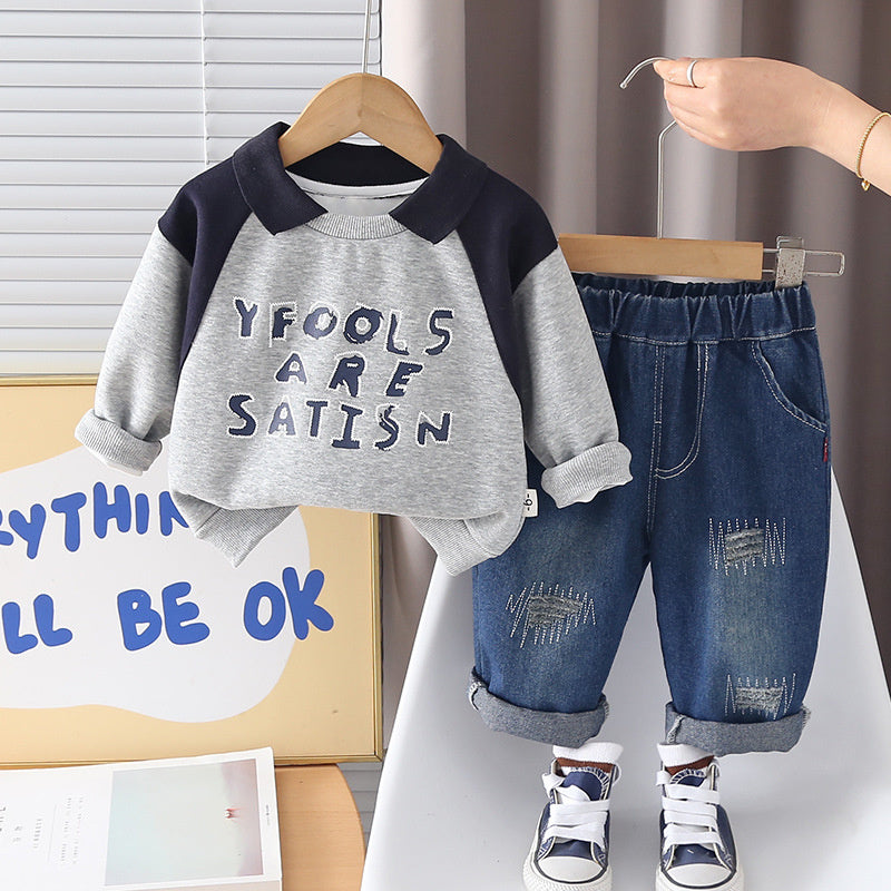 Boys' and Autumn Letter Collar Sweatshirt Set 2026 New Children's Spring Sportswear Fashionable Korean Style for Babies