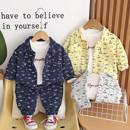 Children's Korean-style spring outfit 2026 new model, fashionable casual long-sleeve floral print three-piece set for girls, trendy baby wear