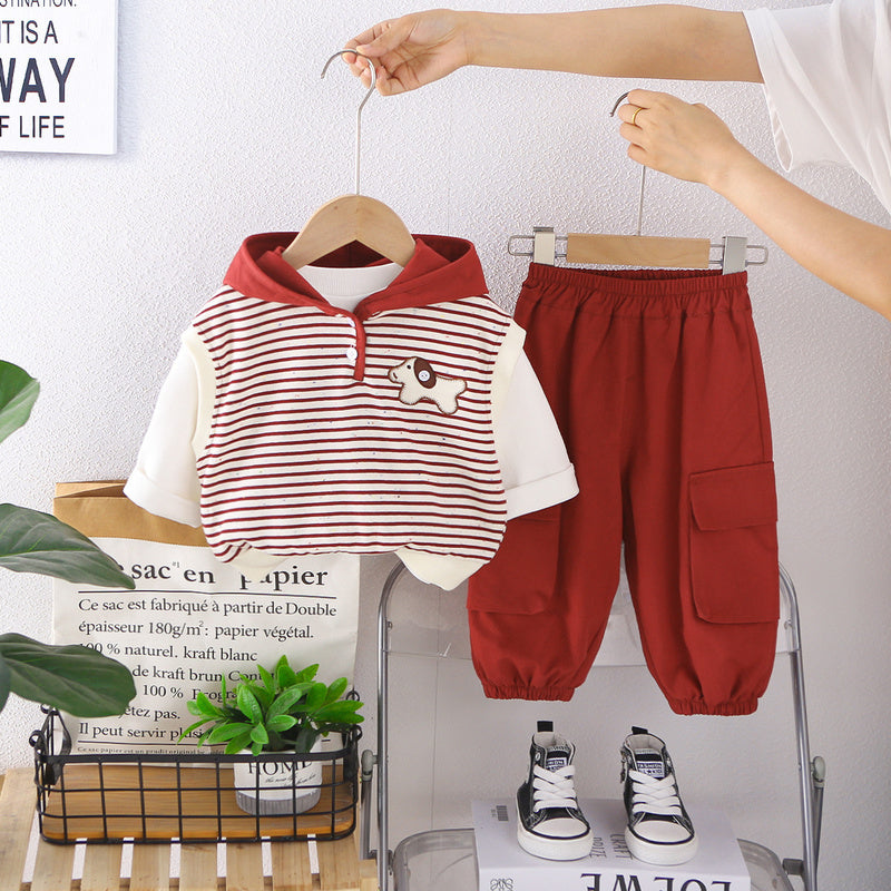 Boys' Suit for 2026 New Stylish Baby Clothes Spring and Autumn Striped Puppy Hoodie Three-Piece Set