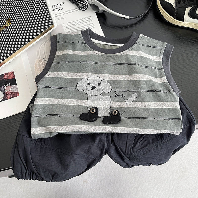 Baby Outfit Set 2026 New Model Boys' Striped Buttoned Puppy Vest Shorts Infant Children's Clothing Toddler Summer Wear