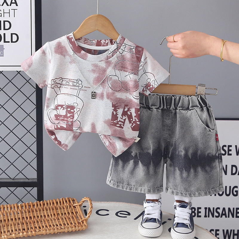 Baby clothes summer thin style children's clothing necklace two-piece set stylish cartoon short-sleeve outfit for one-year-old boy