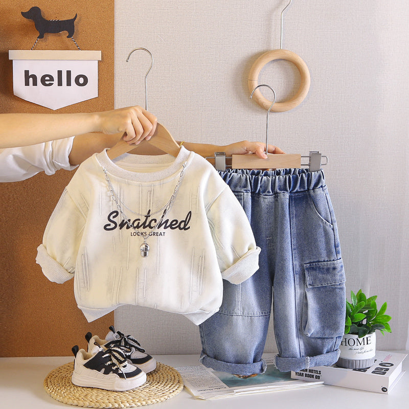 Boys' Autumn Outfit Round Neck Shirt 2026 New Fashionable Baby Spring/Autumn Necklace Letter Sweatshirt Two-Piece Set Trendy