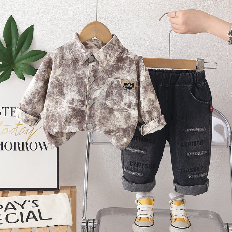 Boys' Suit Spring and Autumn, New 2026 Casual Clothes for Children, Stylish Full-Print Round-Pocket Two-Piece Autumn Outfit