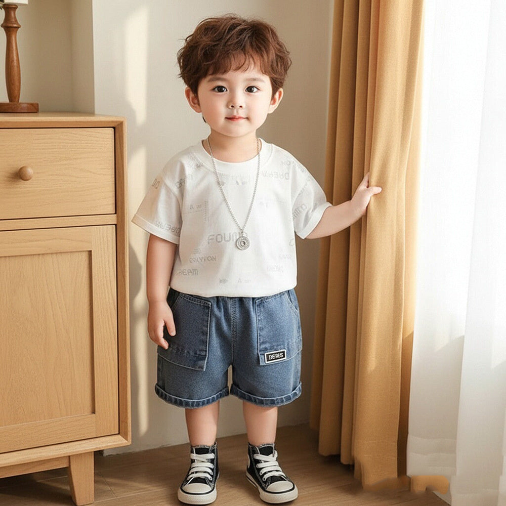 Boys' Summer Outfit 2026 New Fashionable Toddler Stylish Full Silver Letter Print Short Sleeve Two-Piece Set for Boys
