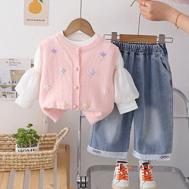 Girls' Outfit for and Autumn 2026 New Fashionable Children's Spring Clothing Baby Girl Floral Sweater Vest Three-Piece Set