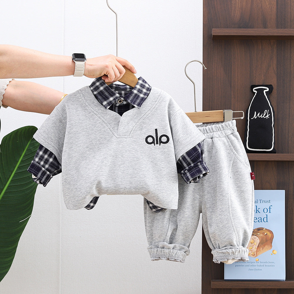 Boys' Autumn 2026 New Style Baby Boy Spring Outfit Stylish Plaid Shirt Long Sleeve Three-Piece Set for Infants and Children