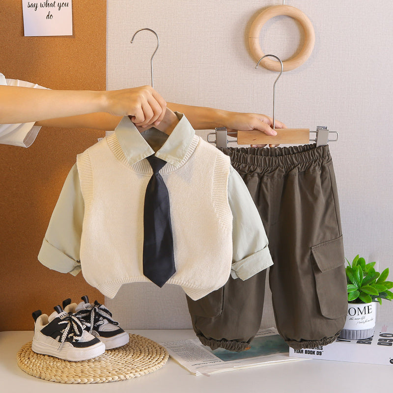 2026 New Boys' Outfit Baby Spring and Autumn Tie Sweater Three-Piece Set Infant Toddler Clothing Trendy