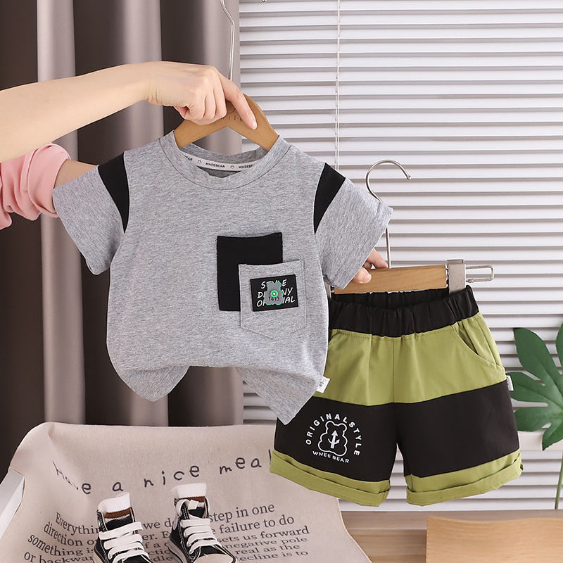 Boys' Outfit 2026 New Children's Clothing Summer Double Pocket Patchwork Bear Short Sleeve Two-Piece Set Baby Trendy