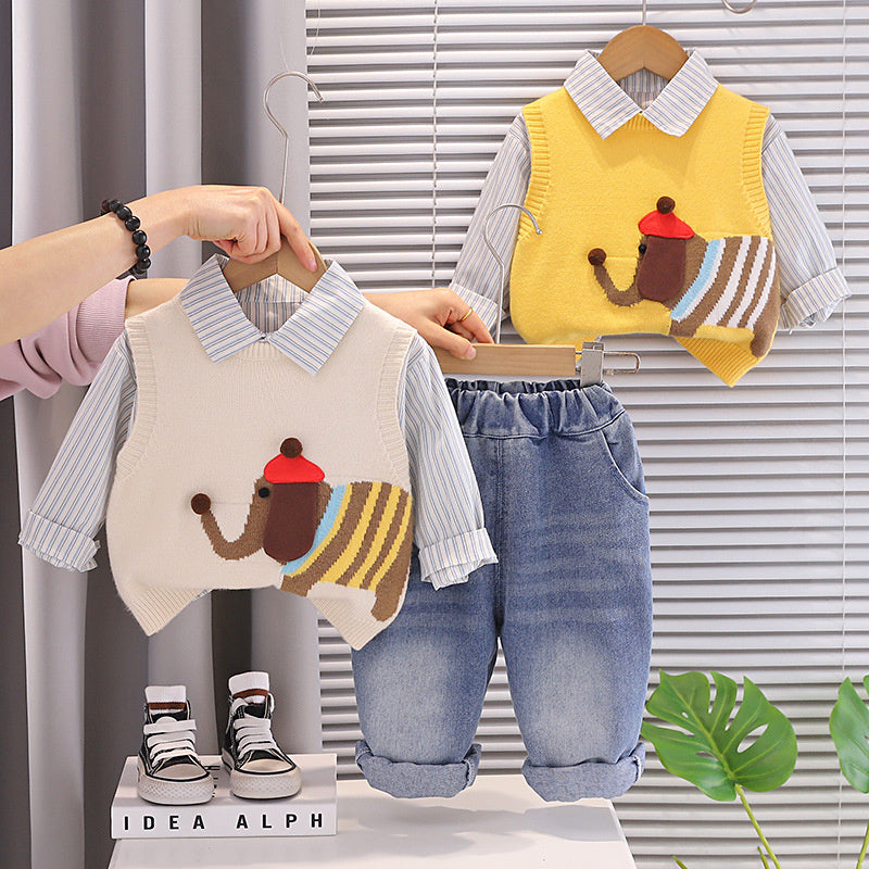 Boys' Autumn Outfit 2026 New Style Baby Boy Spring Clothes Stylish Cartoon Elephant Sweater Three-Piece Set for Infants and Children
