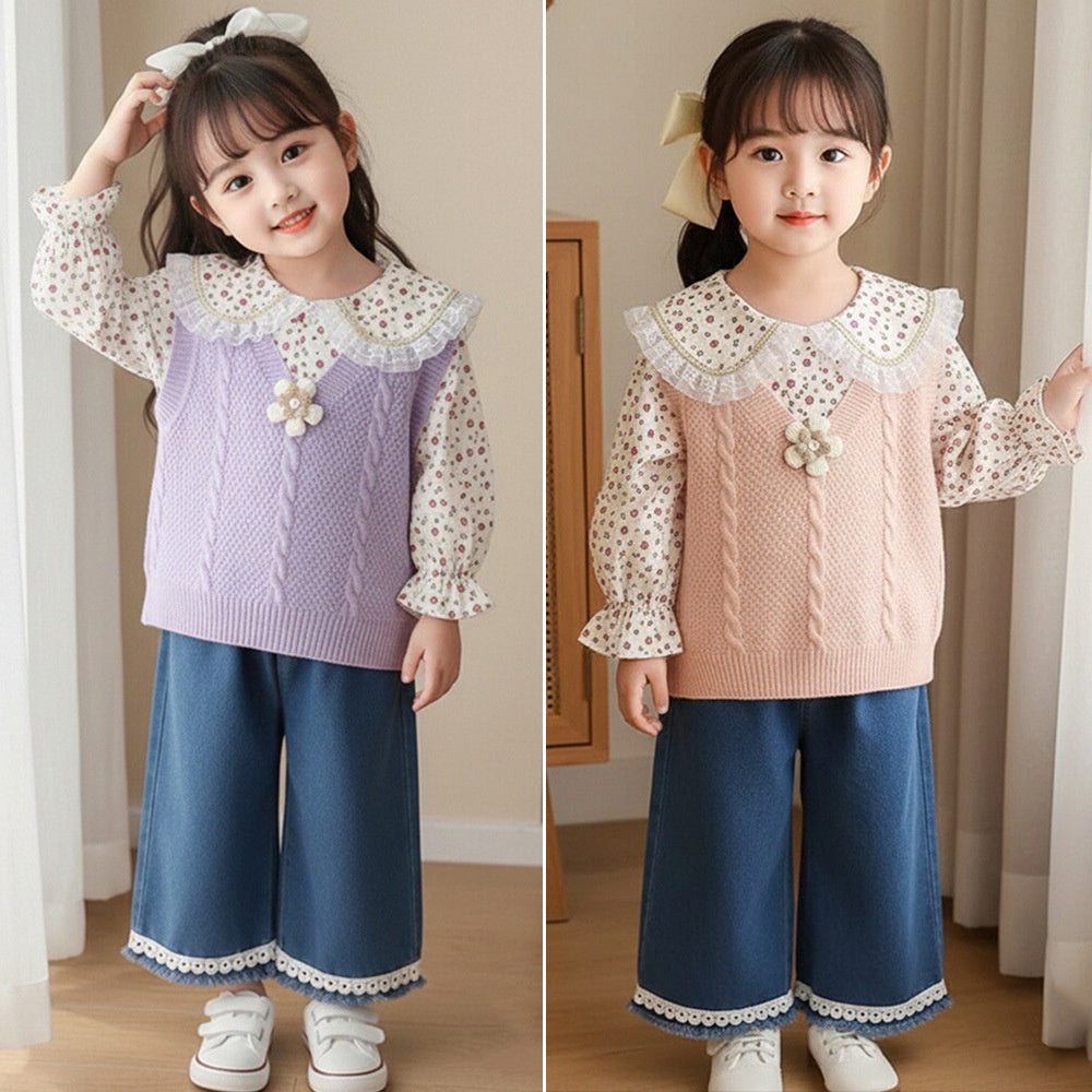Girls' Floral Sweater Set for and Autumn 2026 New Fashionable Korean Style Baby Girl Spring Outfit