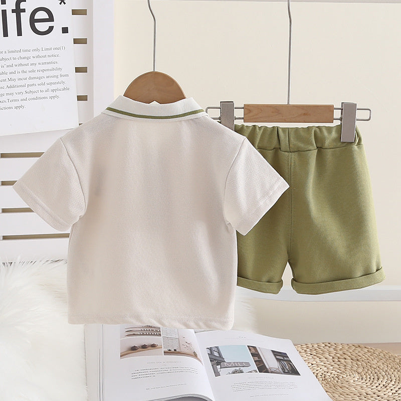 Boys' Summer Outfit 2026 New Fashionable Baby Bear Tie Placket Short Sleeve Two-Piece Set Infant Children's Clothing