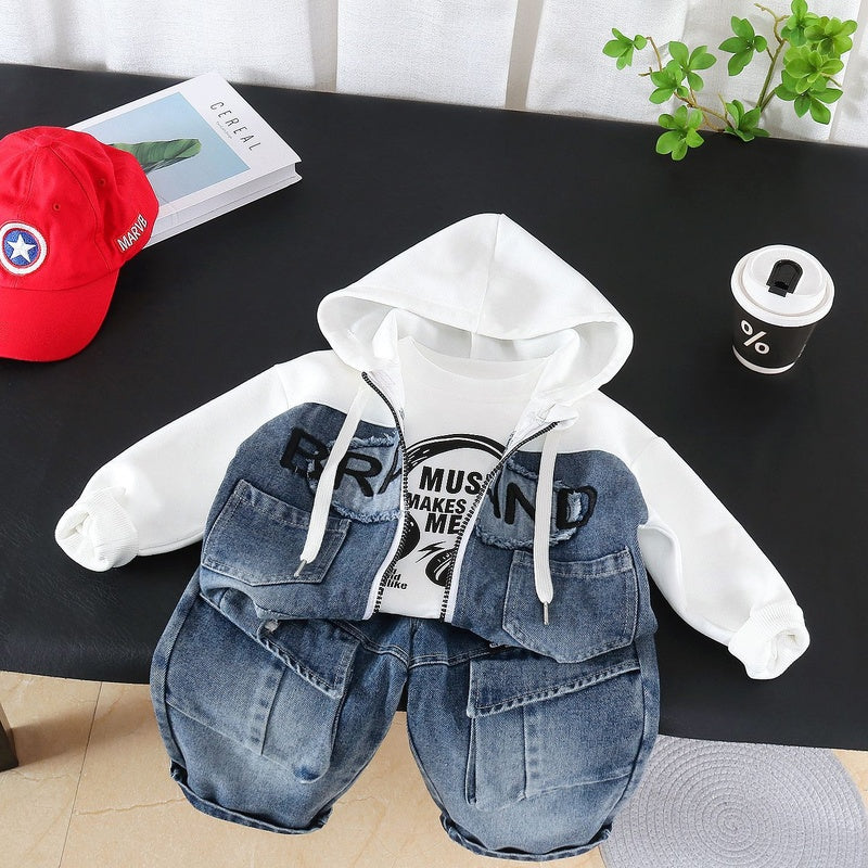 Boys' Outfit 2026 New Fashionable Children's Spring and Autumn Baby Patch Letter Zipper Hoodie Three-Piece Set