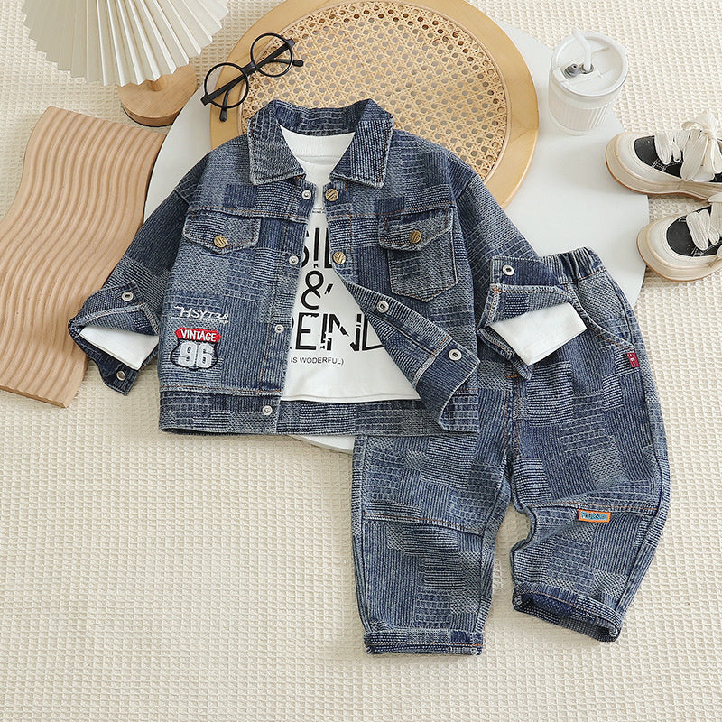 Boys' Spring and Outfit 2026 New Fashionable Children's Denim Casual Three-Piece Set Baby's Trendy Autumn Jacket