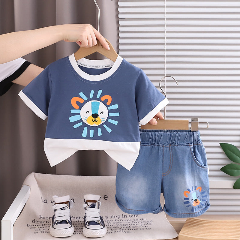New Outfit for Boys: Children's Summer Color-Block Lion Head Two-Piece Set, Stylish Baby Clothes, Trendy Wholesale