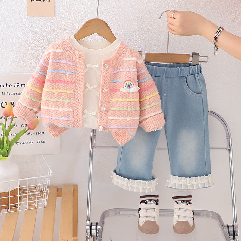 Girls' Outfit Spring and Autumn Colorful Sweater Cardigan Three-Piece Set Stylish for 2-Year-Old Girls 1-Year-Old Baby Girl Clothes