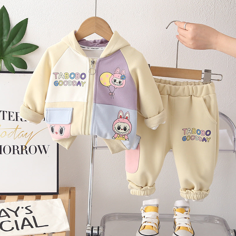 Girls' Outfit Spring and 2026 New Fashionable Children's Autumn Stylish Baby Girl Color-Block Cartoon Jacket Two-Piece Set